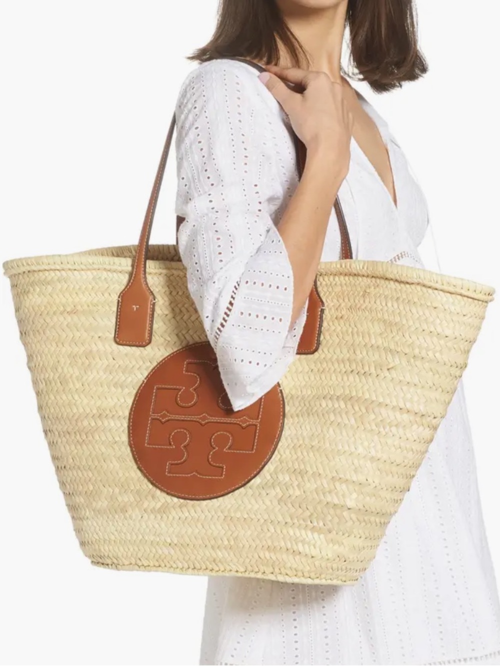 Tory Burch Natural Straw Tote with Tan Leather Logo